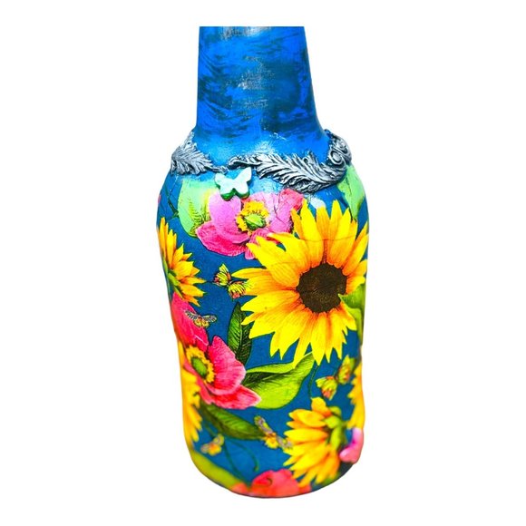 Hand Painted, Decoupaged and Molded Clay Grolsch-Style Bottle Poppy & Sunflowers - Picture 14 of 17